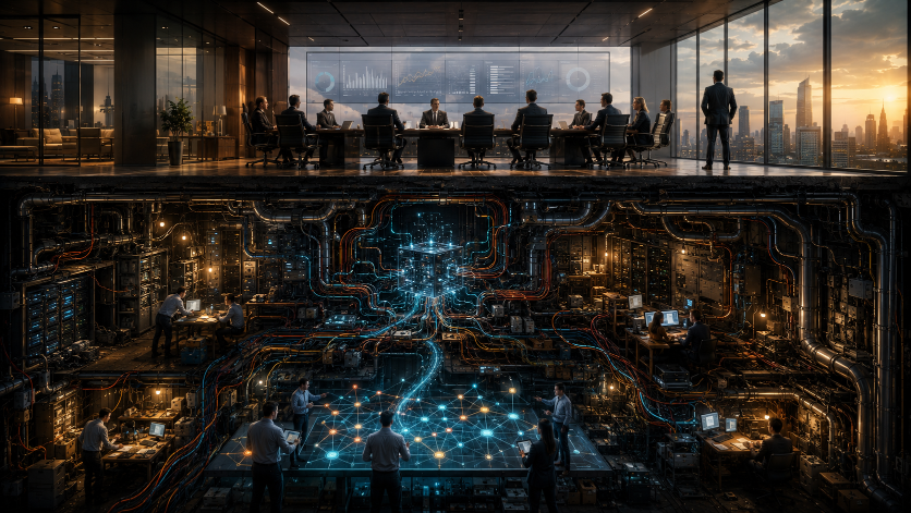 Cross-sectional illustration of a corporate boardroom above a hidden operational technology infrastructure representing workflow complexity and value creation.