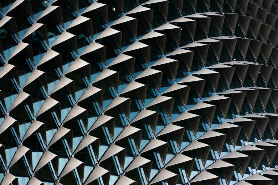 Geometric facade of the Esplanade building in Singapore, showcasing its unique architectural design.