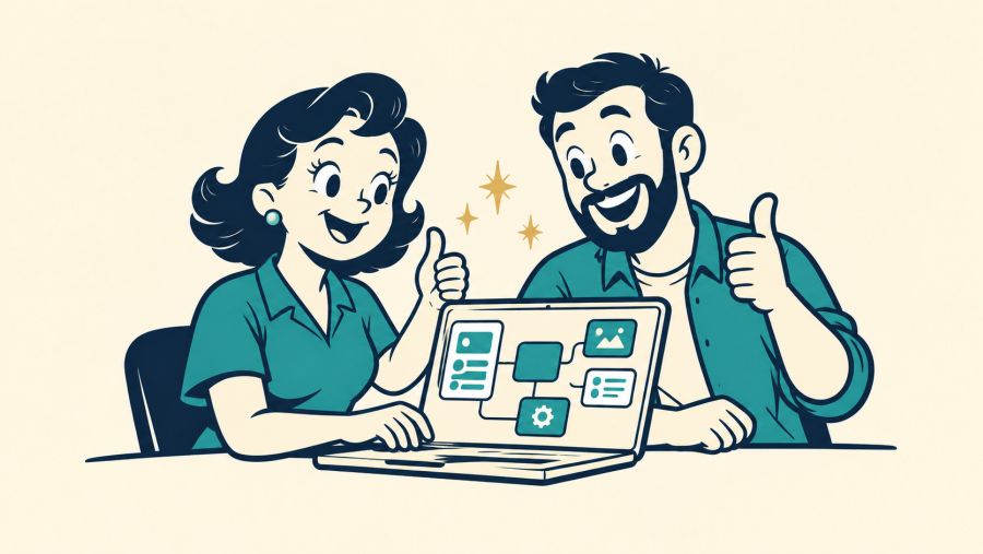 Vintage board-game cartoon of a business owner and developer collaborating on software