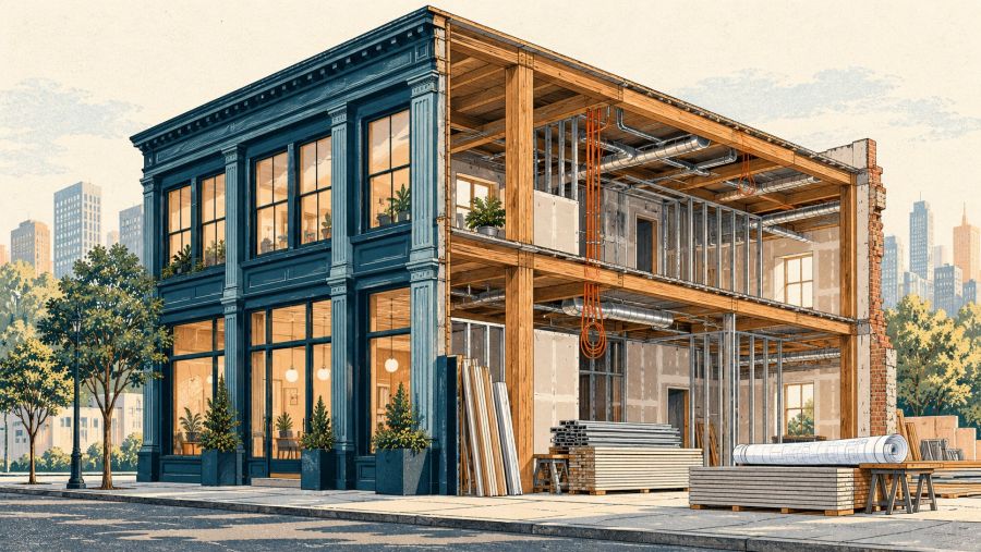Illustration of a finished building façade with an unfinished interior exposed.