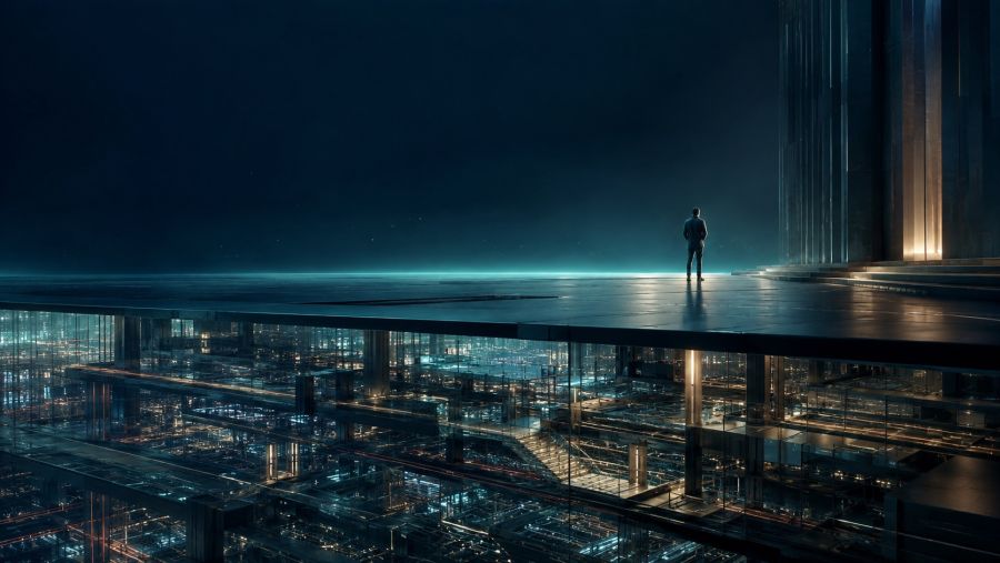 A lone leader stands above a dense network of technical infrastructure, looking toward a clear teal horizon.